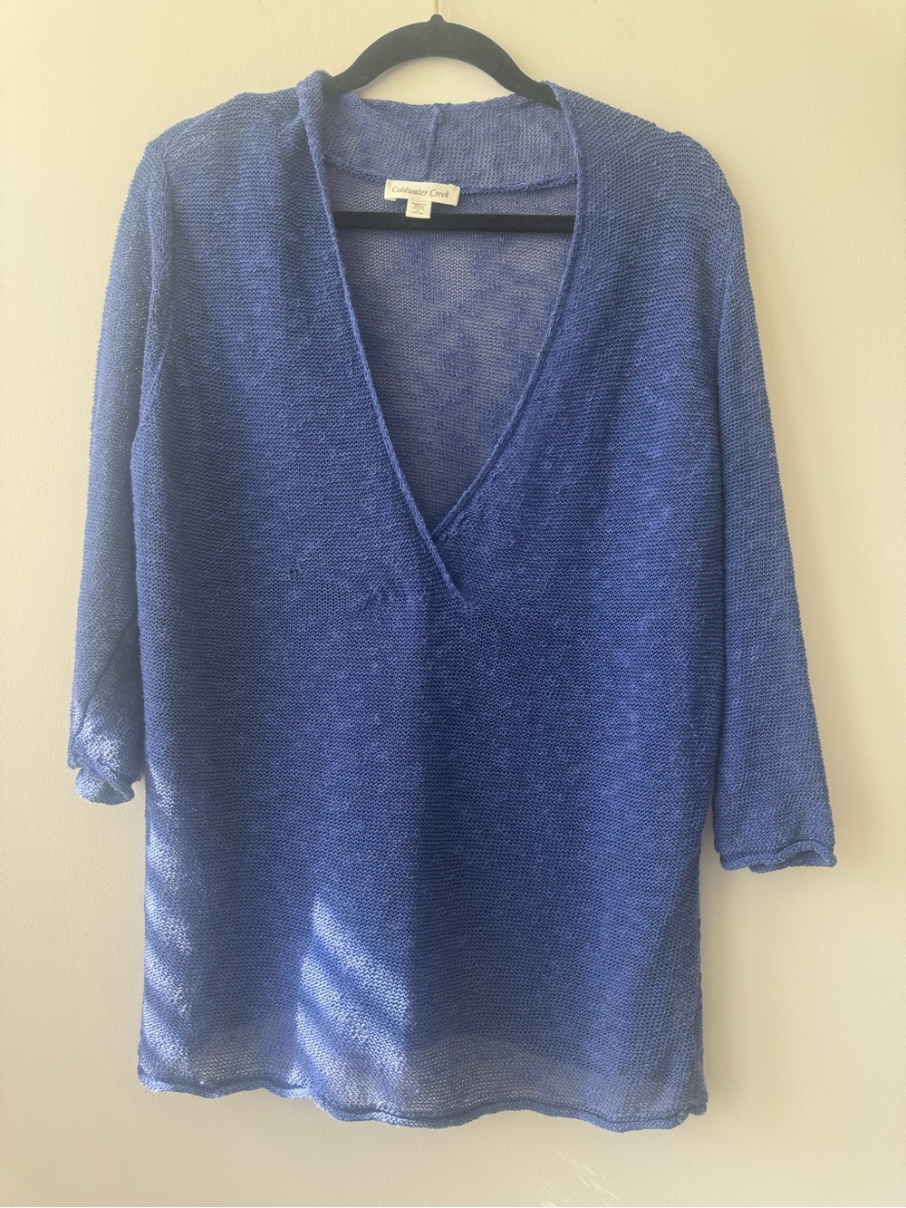 Coldwater Creek Knit Top V Neck Linen Blend Blue Open Weave Tunic Sz L